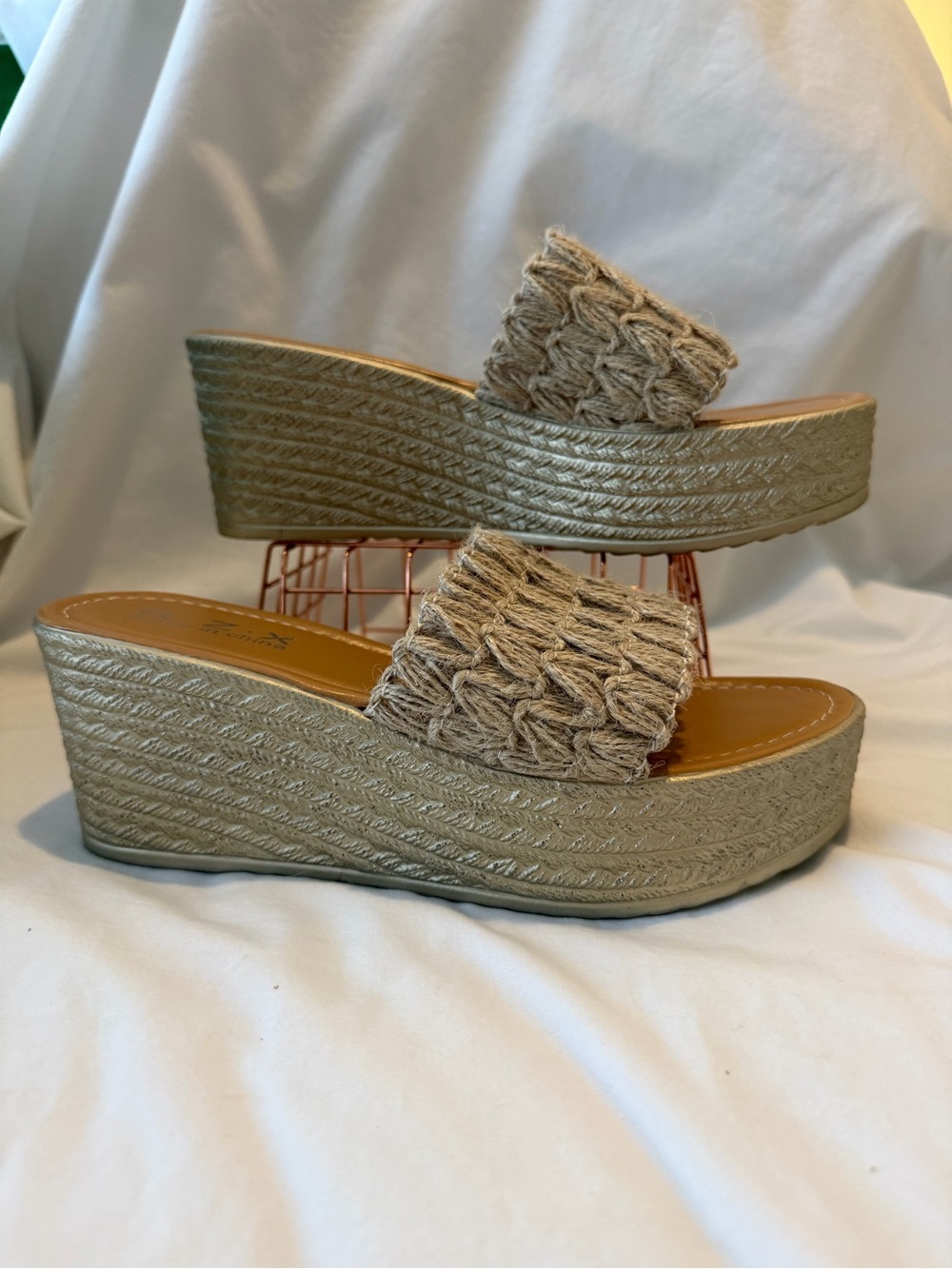 Womens Beige Wedge Slide Sandals - Platform Espadrille Style